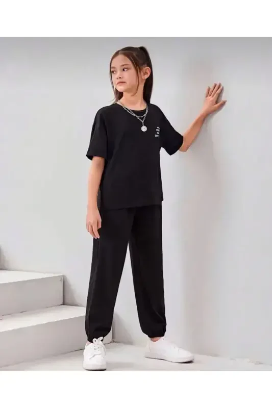 Girl-Boy Kids Black Printed T-Shirt-Tracksuit Set-BLACK - 2