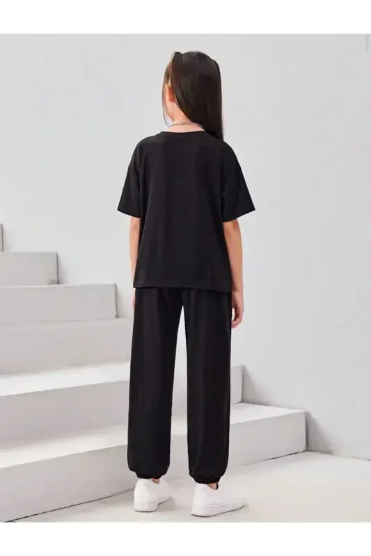 Girl-Boy Kids Black Printed T-Shirt-Tracksuit Set-BLACK - 3