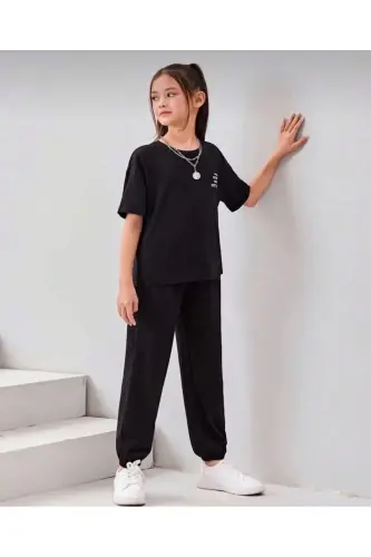 Girl-Boy Kids Black Printed T-Shirt-Tracksuit Set-BLACK - MORNİNG KİDS (1)