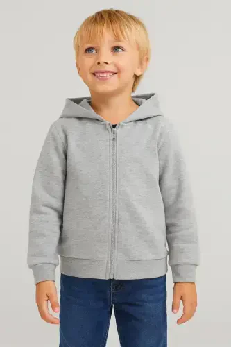 Girl-Boy Kids Grey Cardigan with Zipper and Fleece-GREY - 1