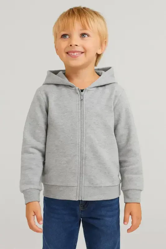 Girl-Boy Kids Grey Cardigan with Zipper and Fleece-GREY - 1
