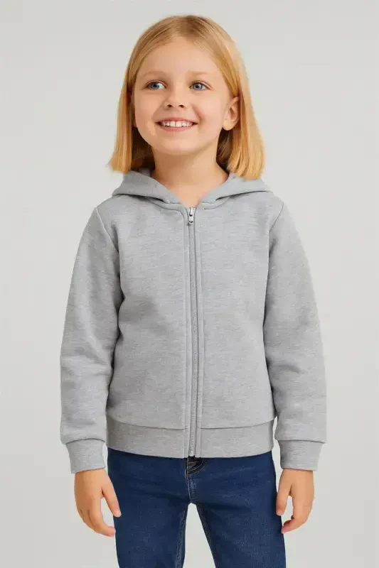 Girl-Boy Kids Grey Cardigan with Zipper and Fleece-GREY - 2