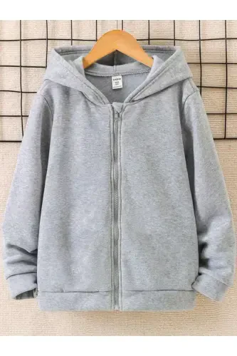 Girl-Boy Kids Grey Cardigan with Zipper and Fleece-GREY - 3