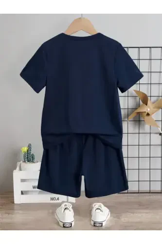 Girl-Boy Kids Navy Blue Cute Puppy Dog Print Shorts-T-shirt Set-Navy Blue - 3
