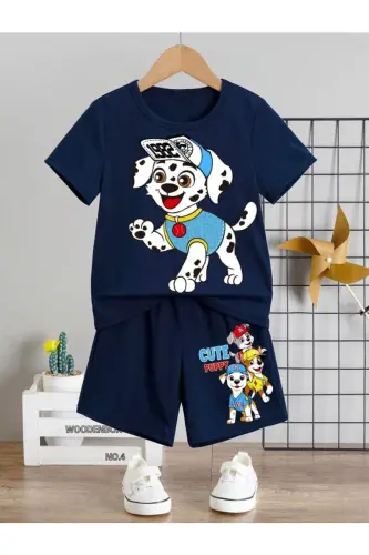 Girl-Boy Kids Navy Blue Cute Puppy Dog Print Shorts-T-shirt Set-Navy Blue 