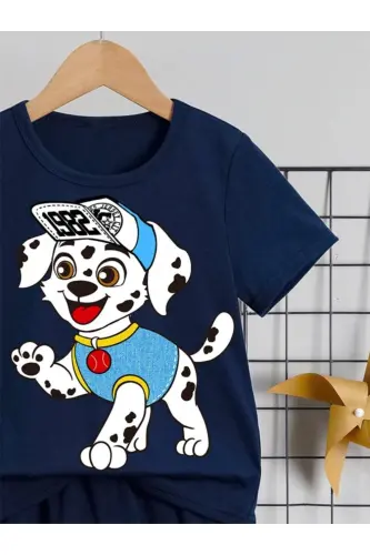 Girl-Boy Kids Navy Blue Cute Puppy Dog Print Shorts-T-shirt Set-Navy Blue - LOUİSA (1)