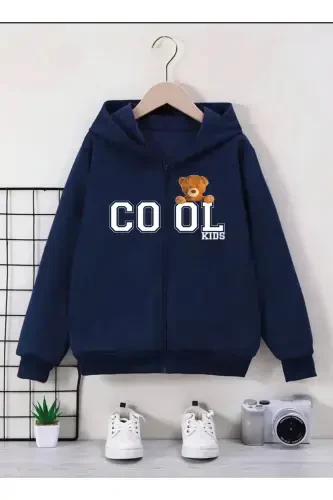 Girl-Boy Kids Navy Blue Hooded Fleece Cool Bear Print Zippered Cardigan-1NAVY BLUE - 1