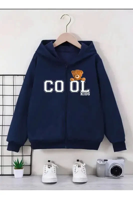 Girl-Boy Kids Navy Blue Hooded Fleece Cool Bear Print Zippered Cardigan-1NAVY BLUE - 1