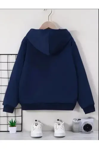 Girl-Boy Kids Navy Blue Hooded Fleece Cool Bear Print Zippered Cardigan-1NAVY BLUE - MORNİNG KİDS (1)