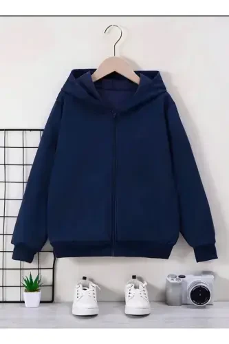Girl-Boy Navy Blue Hooded Zippered Cardigan with Fleece - navy blue - 1