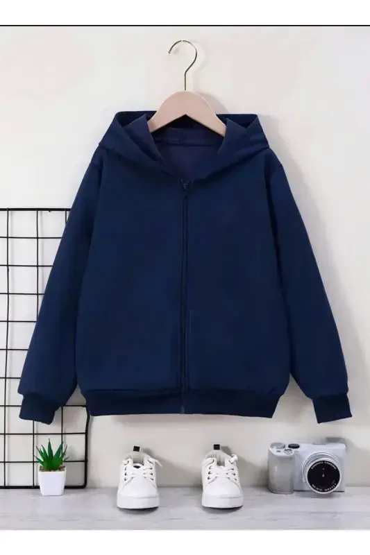 Girl-Boy Navy Blue Hooded Zippered Cardigan with Fleece - navy blue - 1