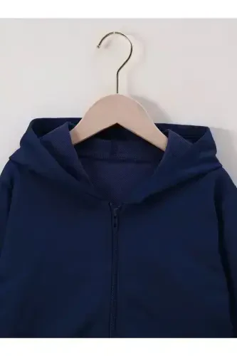Girl-Boy Navy Blue Hooded Zippered Cardigan with Fleece - navy blue - 3