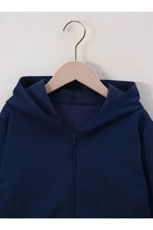Girl-Boy Navy Blue Hooded Zippered Cardigan with Fleece - navy blue - 3