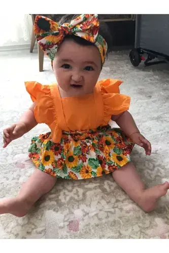 Girl Child & Baby Orange Floral Jumpsuit Dress Bandana Set - DEFNESTORE (1)