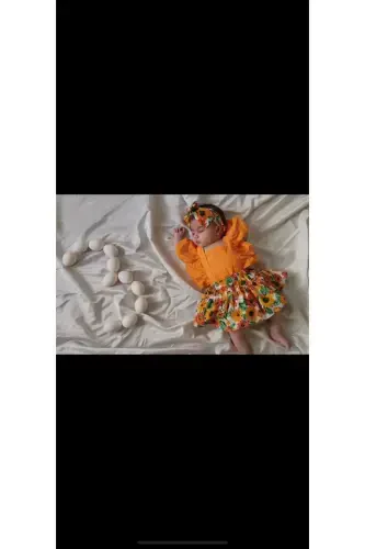 Girl Child & Baby Orange Floral Jumpsuit Dress Bandana Set - 3