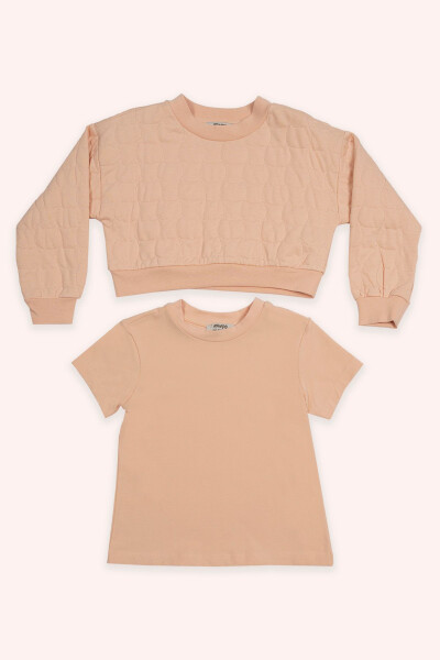Girl Child Cat Quilted Salmon Sweatshirt - PANÇO