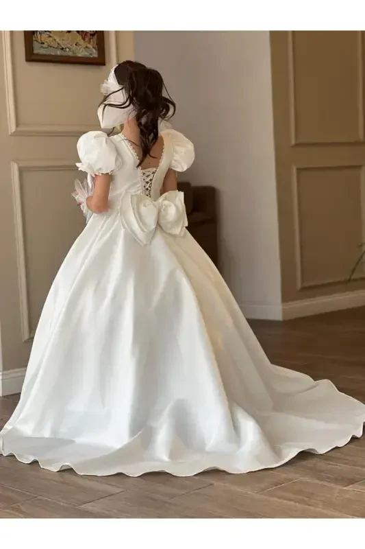 GIRL CHILD GRADUATION, SPECIAL DAY EVENING DRESS WITH TARLATAN GLOVES-White - 1