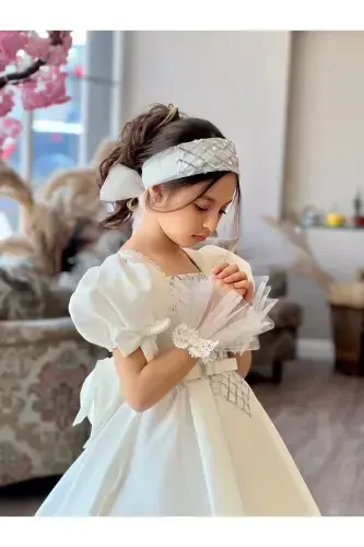 GIRL CHILD GRADUATION, SPECIAL DAY EVENING DRESS WITH TARLATAN GLOVES-White - 3