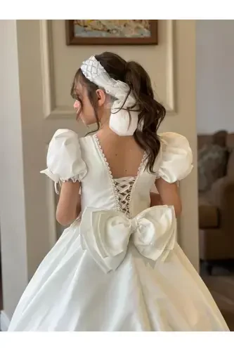 GIRL CHILD GRADUATION, SPECIAL DAY EVENING DRESS WITH TARLATAN GLOVES-White - 4