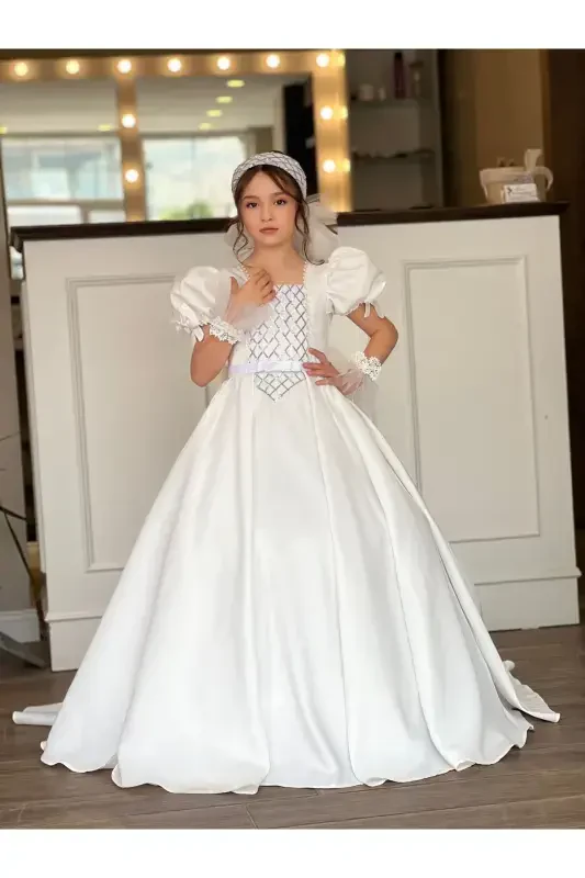 GIRL CHILD GRADUATION, SPECIAL DAY EVENING DRESS WITH TARLATAN GLOVES-White - 6