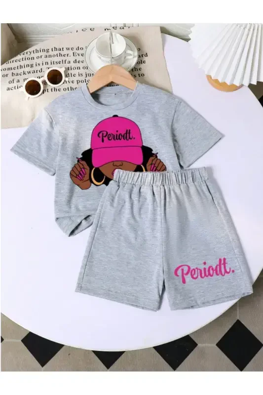 Girl Child Gray Periodt Printed Knitted Shorts T-shirt Set-GRAY - 1