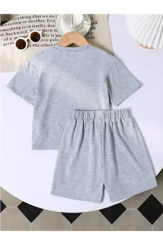 Girl Child Gray Periodt Printed Knitted Shorts T-shirt Set-GRAY - LOUİSA (1)