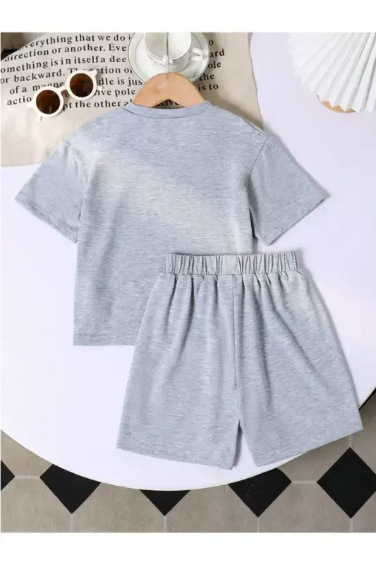 Girl Child Gray Periodt Printed Knitted Shorts T-shirt Set-GRAY - 2