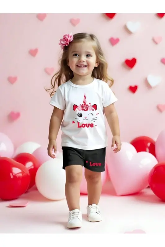 Girl Child Love Kitten Printed White-Black Shorts-T-Shirt Set-whiteblackhhh - 2