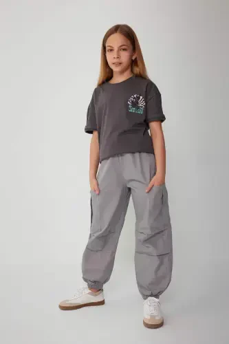 Girl Child Parachute Cargo Cotton Pants B5042A824SM-Gray - 2