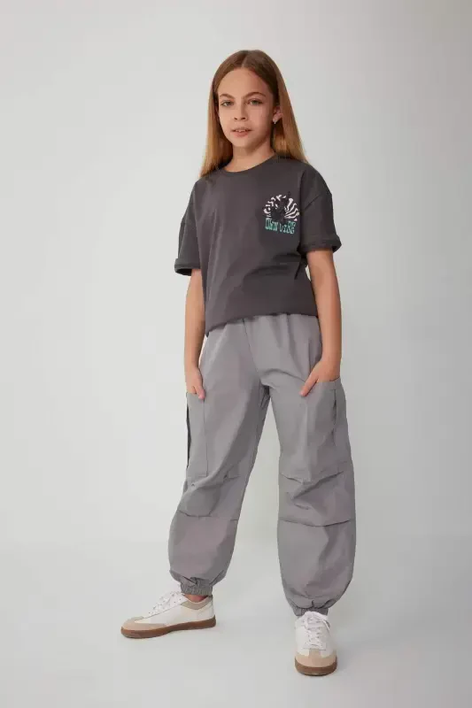 Girl Child Parachute Cargo Cotton Pants B5042A824SM-Gray - 2