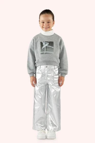 Girl Child Print Detailed Gray-Melange Sweatshirt - PANÇO