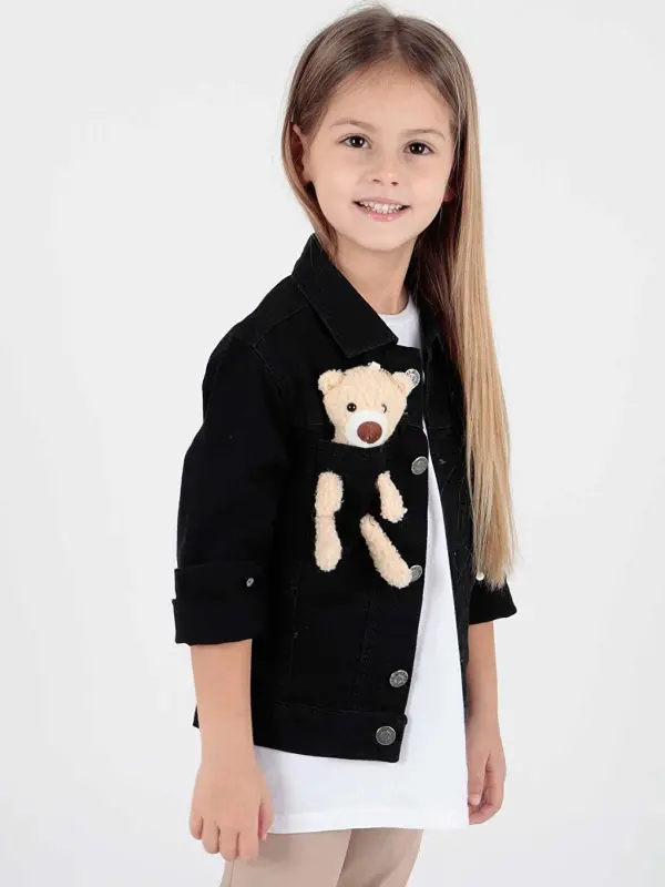Girl Kids Bear Cotton Jean Jacket Daily Fashionable Ak22176023-Black - LC WAIKIKI