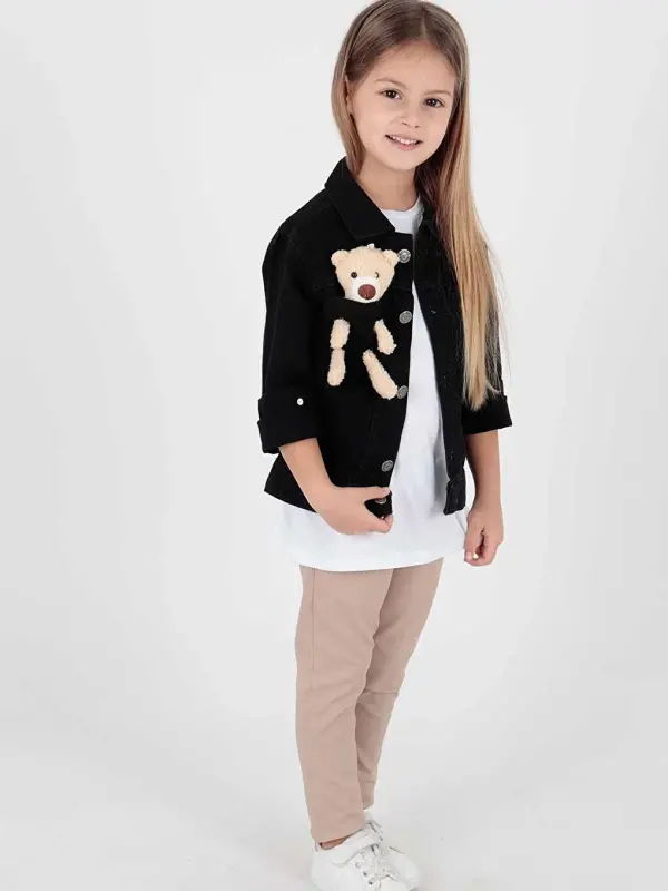 Girl Kids Bear Cotton Jean Jacket Daily Fashionable Ak22176023-Black - 2