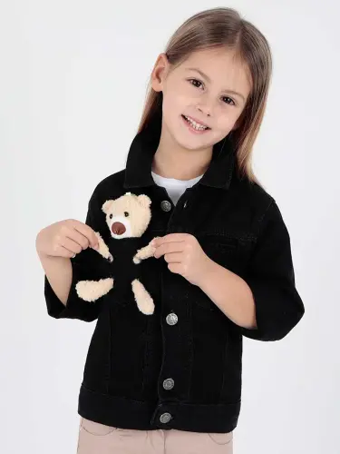 Girl Kids Bear Cotton Jean Jacket Daily Fashionable Ak22176023-Black - 5