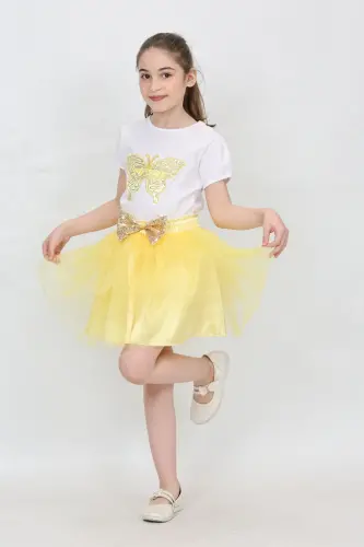 Girl Kids Butterfly Pattern T-Shirt Sequin Bead Detail Yellow Skirt Set April 23 October 29 Show Outfit-Yellow Yellow 
