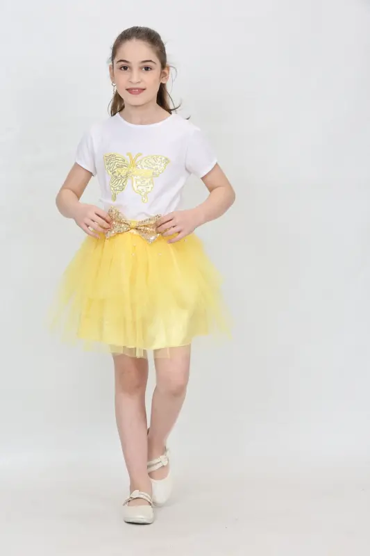 Girl Kids Butterfly Pattern T-Shirt Sequin Bead Detail Yellow Skirt Set April 23 October 29 Show Outfit-Yellow Yellow - 2