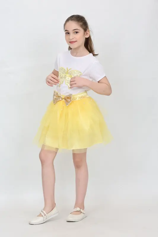 Girl Kids Butterfly Pattern T-Shirt Sequin Bead Detail Yellow Skirt Set April 23 October 29 Show Outfit-Yellow Yellow - 3