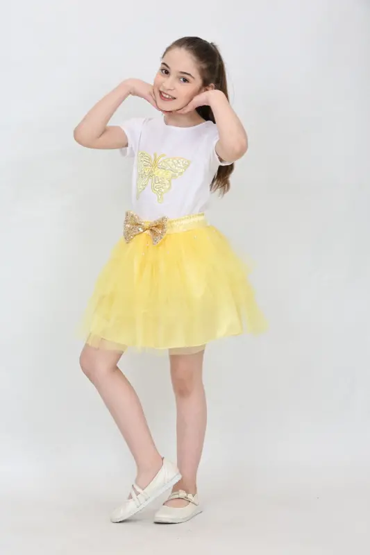 Girl Kids Butterfly Pattern T-Shirt Sequin Bead Detail Yellow Skirt Set April 23 October 29 Show Outfit-Yellow Yellow - 4