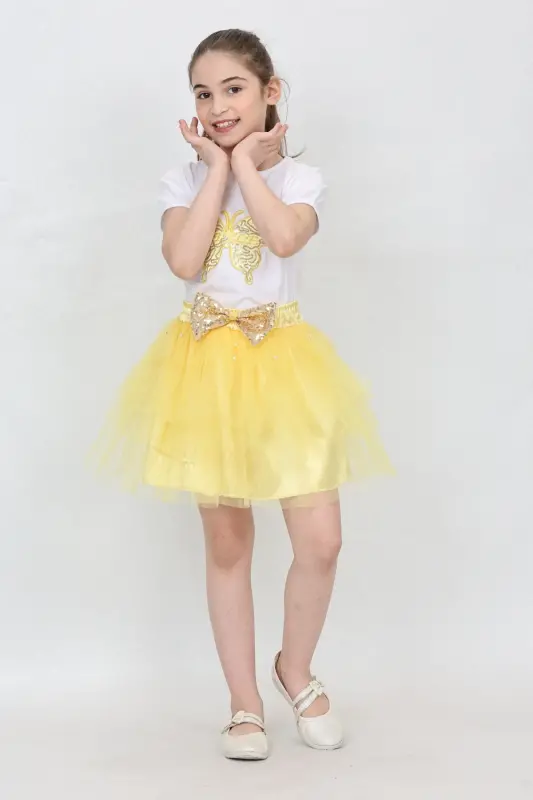 Girl Kids Butterfly Pattern T-Shirt Sequin Bead Detail Yellow Skirt Set April 23 October 29 Show Outfit-Yellow Yellow - 5