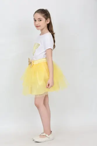 Girl Kids Butterfly Pattern T-Shirt Sequin Bead Detail Yellow Skirt Set April 23 October 29 Show Outfit-Yellow Yellow - 6
