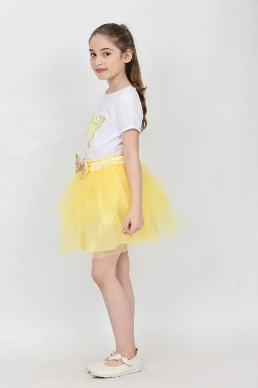 Girl Kids Butterfly Pattern T-Shirt Sequin Bead Detail Yellow Skirt Set April 23 October 29 Show Outfit-Yellow Yellow - 6