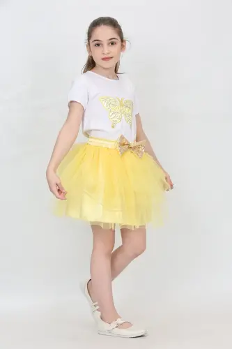 Girl Kids Butterfly Pattern T-Shirt Sequin Bead Detail Yellow Skirt Set April 23 October 29 Show Outfit-Yellow Yellow - 7