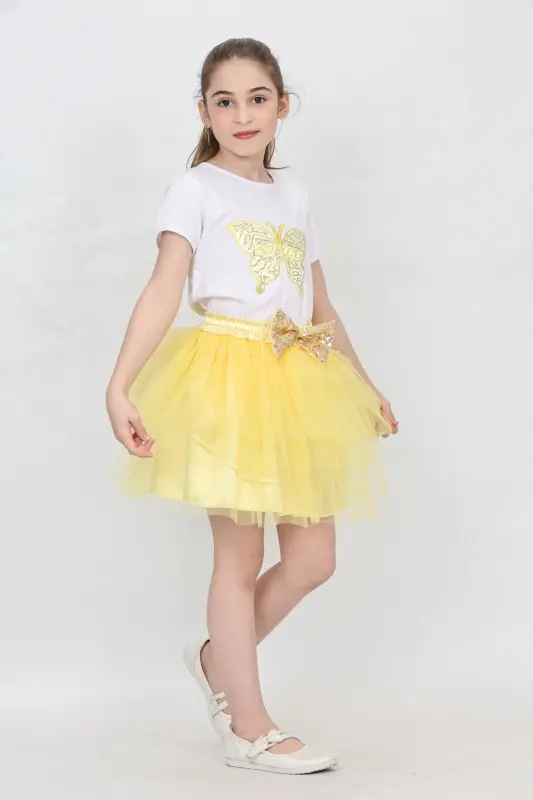 Girl Kids Butterfly Pattern T-Shirt Sequin Bead Detail Yellow Skirt Set April 23 October 29 Show Outfit-Yellow Yellow - 7