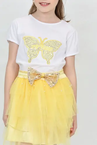 Girl Kids Butterfly Pattern T-Shirt Sequin Bead Detail Yellow Skirt Set April 23 October 29 Show Outfit-Yellow Yellow - 8