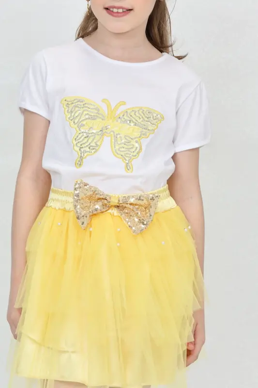 Girl Kids Butterfly Pattern T-Shirt Sequin Bead Detail Yellow Skirt Set April 23 October 29 Show Outfit-Yellow Yellow - 8