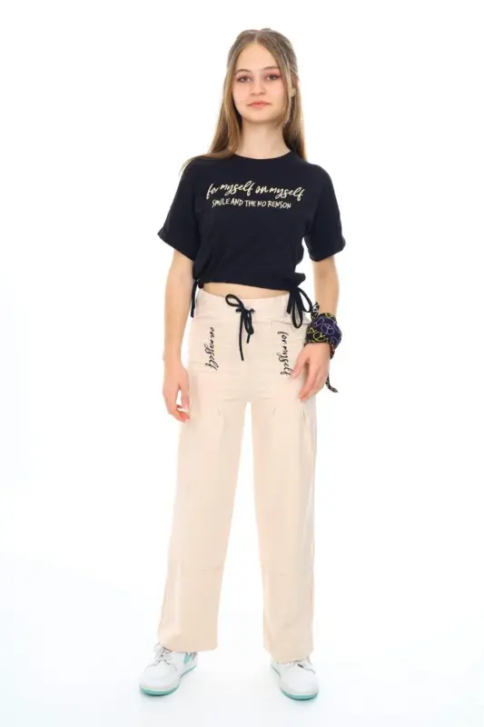 Girl Kids Compact Combed Cotton %100 Cotton Sports Two Piece Tracksuit-Black - 4