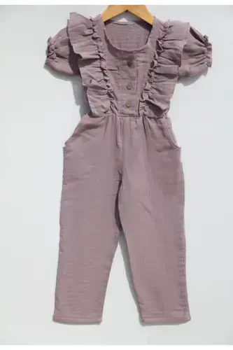 Girl Kids Lilac Double Layer Muslin Short Sleeve Jumpsuit-lilac - 1