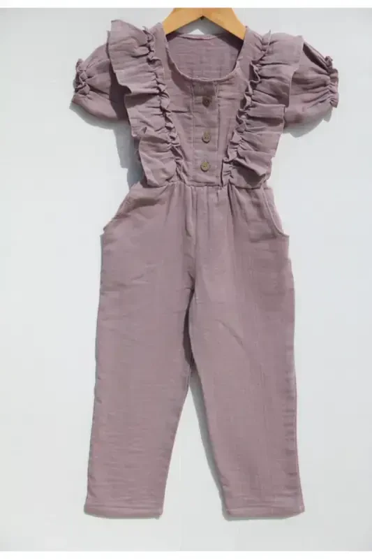 Girl Kids Lilac Double Layer Muslin Short Sleeve Jumpsuit-lilac - 1