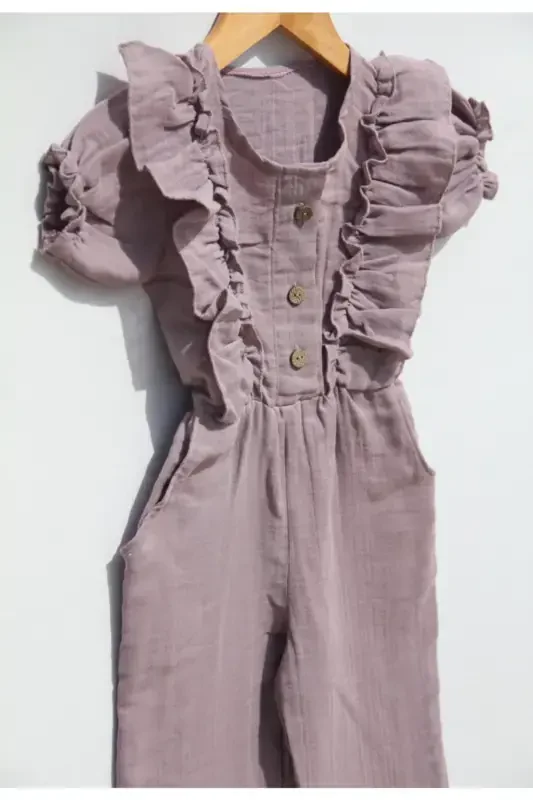 Girl Kids Lilac Double Layer Muslin Short Sleeve Jumpsuit-lilac - 2