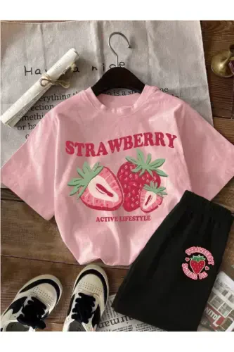 Girl Kids Pink-Black Strawberry Printed Knitted Shorts T-Shirt Set-Pink - 1